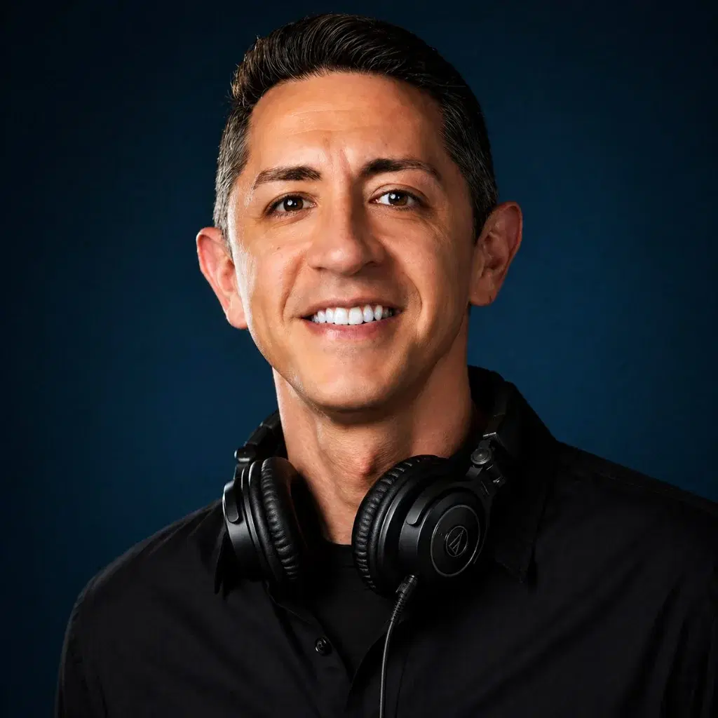 Professional headshot of DJ NES smiling, wearing headphones around his neck, against a dark blue background.